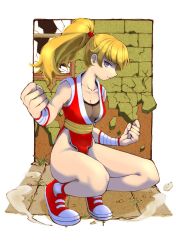 Rule 34 | 1girl, blonde hair, breasts, capcom, cleavage, clenched hand, closed mouth, commentary request, converse, final fight, full body, genryuusai maki, inu (nimono), long hair, looking at viewer, medium breasts, ninja, pelvic curtain, ponytail, revealing clothes, shoes, smile, sneakers, solo, squatting, street fighter