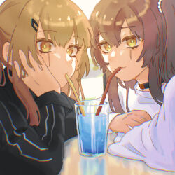 Rule 34 | 2girls, black shirt, brown eyes, brown hair, choker, commentary request, drinking, drinking straw, drinking straw in mouth, girls&#039; frontline, glass, hair ornament, hand on own face, highres, looking at viewer, multiple girls, official alternate costume, one side up, scar, scar across eye, sekiko (dr11034), shared drink, shirt, smile, table, ump45 (girls&#039; frontline), ump9 (girls&#039; frontline), upper body, white shirt