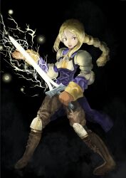 Rule 34 | 1girl, agrias oaks, armor, black background, blonde hair, boots, braid, brown footwear, brown gloves, final fantasy, final fantasy tactics, full body, gloves, highres, holding, holding weapon, lightning, long hair, looking at viewer, pennginntorio, shadow, shoulder armor, single braid, smile, solo, sword, weapon