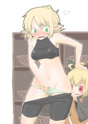 Rule 34 | 2girls, :d, @ @, anger vein, armpits, assisted exposure, bare shoulders, bike shorts, blonde hair, blush, bow, bow panties, breasts, commentary, commentary request, d:, dress, drooling, embarrassed, female pervert, flying sweatdrops, green eyes, green panties, hair bow, humiliation, kurodani yamame, medium breasts, midriff, mizuhashi parsee, multiple girls, navel, open mouth, panties, panty pull, partial commentary, pervert, pointy ears, ponytail, pushing away, pushing down, red eyes, short hair, smile, striped clothes, striped panties, touhou, underwear, yuri, zannen na hito