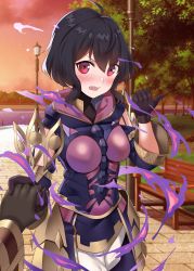 Rule 34 | 1girl, 1other, absurdres, adapted costume, armor, armored dress, aura, bench, black gloves, black hair, blush, breasts, commission, cowboy shot, dark aura, fire, fire emblem, fire emblem awakening, fire emblem heroes, full-face blush, gloves, highres, igni tion, kiran (fire emblem), lamppost, long sleeves, medium breasts, morgan (female) (fire emblem), morgan (fire emblem), nintendo, official alternate costume, outdoors, pants, park, park bench, purple fire, red eyes, robe, short hair, solo focus, tree, white pants