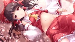 Rule 34 | 1girl, ascot, bare shoulders, black hair, bow, breasts, brown hair, cherry blossoms, collared shirt, commentary request, detached sleeves, frilled bow, frilled shirt collar, frilled skirt, frills, gohei, hair bow, hair tubes, hakurei reimu, half updo, highres, long hair, lying, lzh, medium breasts, midriff, navel, nontraditional miko, on back, petals, petticoat, red bow, red eyes, red shirt, red skirt, ribbon-trimmed sleeves, ribbon trim, shadow, shirt, sidelocks, skirt, skirt set, sleeveless, sleeveless shirt, solo, stomach, touhou, yellow ascot