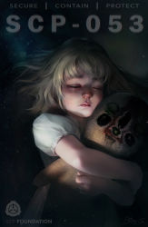 Rule 34 | 1girl, 2019, absurdres, ars lee, blonde hair, character doll, character name, child, copyright name, dated, hugging doll, english text, closed eyes, highres, lips, nightgown, nose, hugging object, realistic, scp-053, scp-173, scp foundation, short hair, signature, solo