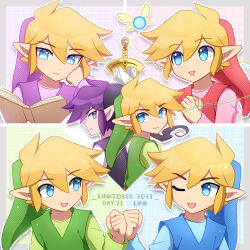 Rule 34 | 6+boys, :d, ;d, absurdres, black headwear, black tunic, blonde hair, blue background, blue eyes, blue shirt, blue tunic, book, border, clenched hand, commentary, dark link, dated, english commentary, enni, eye contact, fairy, fist bump, green background, green headwear, green shirt, green tunic, grey border, hair between eyes, hand up, hands up, hat, head rest, highres, holding, holding book, link, long sleeves, looking at another, looking at viewer, looking back, looking to the side, male focus, multiple boys, multiple persona, nintendo, one eye closed, open book, open mouth, outline, outside border, own hands together, pink shirt, pointy ears, purple background, purple hair, purple headwear, purple shirt, purple tunic, reading, red background, red headwear, red tunic, shirt, short hair, sidelocks, sideways glance, smile, sword, the legend of zelda, the legend of zelda: four swords, tunic, upper body, weapon, white outline