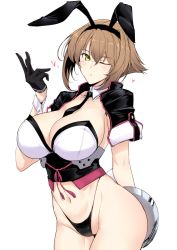 Rule 34 | 1girl, absurdres, animal ears, black gloves, black necktie, black panties, blush, breasts, brown hair, cleavage, collarbone, detached collar, gloves, green eyes, hairband, halcon, heart, highleg, highleg panties, highres, kantai collection, large breasts, looking at viewer, mutsu (kancolle), navel, necktie, one eye closed, open mouth, panties, rabbit ears, short hair, short sleeves, simple background, solo, tray, underbust, underwear, white background, wrist cuffs