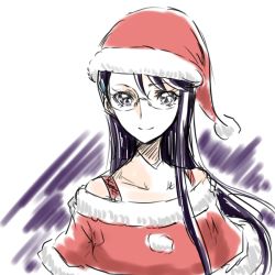 Rule 34 | 10s, 1girl, adapted costume, alternate costume, bare shoulders, christmas, eyelashes, glasses, hair ornament, hairclip, happy, hat, heartcatch precure!, long hair, looking at viewer, precure, purple eyes, purple hair, santa costume, santa hat, simple background, sketch, smile, solo, toei animation, tsukikage oyama, tsukikage yuri, white background