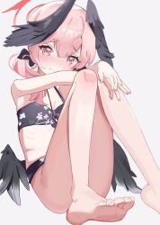 Rule 34 | 1girl, ass, bare legs, barefoot, bikini, black bikini, black wings, blue archive, blush, bow, chikoku, feathered wings, film grain, floral print, hair bow, halo, hands on own knees, head wings, highres, knees up, koharu (blue archive), koharu (swimsuit) (blue archive), looking at viewer, nose blush, official alternate costume, own hands together, pink eyes, pink hair, ribs, simple background, soles, solo, swimsuit, toes, twintails, wings