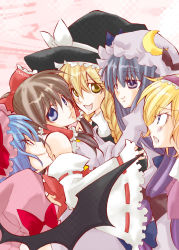 Rule 34 | 5girls, alice margatroid, bad id, bad pixiv id, bat wings, blonde hair, blue eyes, blue hair, brown hair, female focus, hakurei reimu, hat, japanese clothes, kirisame marisa, mao (alepricos), miko, multiple girls, patchouli knowledge, red eyes, remilia scarlet, touhou, wings, witch, witch hat