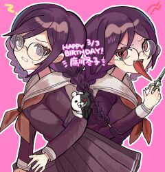 Rule 34 | 1girl, blush, braid, brown shirt, brown skirt, clenched teeth, danganronpa: trigger happy havoc, danganronpa (series), dated, fangs, from side, fukawa toko, genocider shou, glasses, hand up, happy birthday, highres, holding, holding scissors, long hair, long tongue, monokuma, multiple views, neckerchief, outline, pink background, pleated skirt, purple shirt, red eyes, round eyewear, scissors, shirocha tei, shirt, simple background, skirt, teeth, tongue, tongue out, translation request, twin braids, upper teeth only, white outline