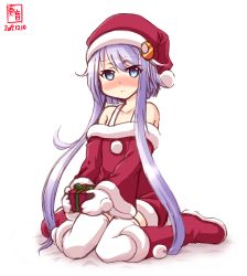 Rule 34 | 1girl, alternate costume, artist logo, blue eyes, blush, boots, commentary request, crescent, crescent pin, dated, dress, fur-trimmed boots, fur-trimmed dress, fur trim, gift, hat, highres, kanon (kurogane knights), kantai collection, looking at viewer, mittens, purple hair, red dress, red footwear, red hat, santa costume, santa hat, short hair, short hair with long locks, simple background, sitting, solo, thighhighs, wariza, white background, white mittens, white thighhighs, yayoi (kancolle)