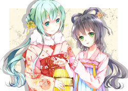 Rule 34 | 2girls, black hair, blush, closed mouth, green eyes, green hair, hair bun, hair rings, hatsune miku, highres, long hair, long sleeves, looking at another, looking at viewer, luo tianyi, multiple girls, parted lips, single hair bun, smile, tei (52137), upper body, vocaloid, vocanese
