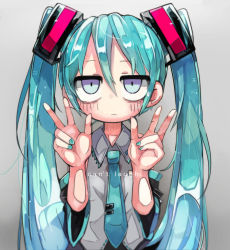 Rule 34 | 1girl, aqua eyes, aqua hair, bags under eyes, constricted pupils, double v, english text, expressionless, grey background, hatsune miku, long hair, looking at viewer, nail polish, necktie, solo, terada tera, text focus, tie clip, twintails, v, very long hair, vocaloid