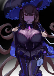 Rule 34 | 1girl, absurdres, arms up, bad id, bad pixiv id, bag, black background, black dress, blush, breasts, brown eyes, brown hair, calligraphy brush, commentary, cone hair bun, cowboy shot, cropped legs, double bun, dress, fate/grand order, fate (series), frown, gem, gradient background, grey background, hair bun, handbag, highres, holding, holding brush, holding umbrella, large breasts, loka135, long hair, looking at viewer, murasaki shikibu (fate), paintbrush, purple gemstone, skirt, standing, striped clothes, striped skirt, two side up, umbrella, underbust, vertical-striped clothes, vertical-striped skirt, very long hair