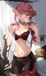 Rule 34 | 1girl, :d, bed, bed frame, bedroom, black coat, blanket, blush, bra, breasts, chair, cleavage, coat, curtains, hair ribbon, heterochromia, highres, hololive, houshou marine, indoors, lamp, looking at viewer, medium breasts, neckerchief, office chair, open mouth, panties, panties under pantyhose, pantyhose, pleated skirt, red bra, red eyes, red hair, red panties, red ribbon, red skirt, ribbon, sailor collar, school uniform, see-through, shirt, short sleeves, skirt, smile, solo, swivel chair, teeth, tipii, twintails, underwear, undressing, uniform, upper teeth only, virtual youtuber, white background, white shirt, yellow eyes