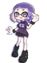 Rule 34 | 1girl, artist name, black footwear, black shorts, clenched hand, commentary request, grey eyes, highres, inkling, inkling girl, inkling player character, medium hair, mina p, nintendo, open mouth, pointy ears, purple hair, purple shirt, shirt, shoes, shorts, simple background, smile, solo, splatoon (series), splatoon 3, teeth, upper teeth only, white background, wristband