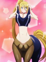 Rule 34 | 10s, 1girl, blonde hair, blue eyes, blush, breasts, centaur, centorea shianus, highres, large breasts, long hair, monster girl, monster musume no iru nichijou, ponytail, solo, standing, stitched, swimsuit, taur, third-party edit