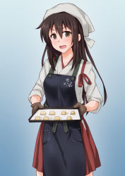 Rule 34 | &gt;:d, 1girl, akagi (kancolle), alfort (brand), anti (untea9), apron, blue background, brown eyes, brown gloves, brown hair, commentary request, cowboy shot, gloves, gradient background, hakama, hakama short skirt, hakama skirt, highres, holding, holding tray, japanese clothes, kantai collection, long hair, looking at viewer, red skirt, simple background, skirt, solo, straight hair, tasuki, tray, v-shaped eyebrows, valentine, you&#039;re doing it wrong