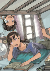 Rule 34 | 2girls, arm support, bad id, bad pixiv id, barefoot, bed, bedroom, black hair, book, brown hair, bunk bed, electric fan, hand fan, feet, long hair, lying, multiple girls, naro0427, on bed, on stomach, open book, original, pillow, pink eyes, ponytail, purple eyes, reading, short hair, smile