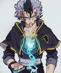 Rule 34 | 1boy, absurdres, black clover, black hair, blood, blood on face, clenched hand, clenched teeth, collarbone, frown, highres, injury, looking at viewer, magic circle, magna swing, male focus, multicolored hair, nekoma hikaru, purple hair, serious, short hair, solo, teeth, two-tone hair