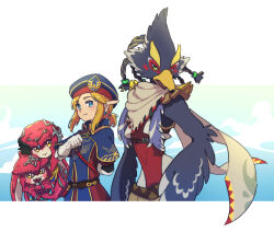 Rule 34 | 1girl, 3boys, :d, arm behind back, beak, beret, bird boy, bird wings, blonde hair, blue gemstone, blue headwear, blue wings, brother and sister, child, circlet, closed mouth, colored skin, earrings, feathered wings, fish boy, fish girl, furry, furry male, gem, gloves, green eyes, hat, headpiece, high collar, jewelry, link, mipha, multicolored skin, multiple boys, nintendo, no nose, open mouth, pink skin, pointy ears, red skin, revali, rito, royal guard set (zelda), scarf, sharp teeth, short hair, short ponytail, siblings, sidon, smile, teeth, the legend of zelda, the legend of zelda: breath of the wild, ukata, white gloves, white scarf, white skin, wings, zora