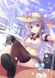 Rule 34 | 1girl, :d, absurdres, bad id, bad pixiv id, bag, bare arms, black footwear, black sailor collar, blue eyes, blue sky, blurry, blush, bow, bowtie, breasts, brown hat, brown thighhighs, cloud, commentary request, crop top, day, depth of field, glint, grey skirt, groin, hand on headwear, hand up, hat, hat ribbon, highres, holding, holding shoes, long hair, looking at viewer, medium breasts, midriff, miniskirt, mitsuhamochi, moe2019, navel, open mouth, original, outdoors, pleated skirt, red bow, red bowtie, ribbon, sailor collar, school bag, school uniform, serafuku, shirt, shoes, short sleeves, silver hair, single thighhigh, sitting, skirt, sky, smile, solo, stomach, sun hat, sunlight, thighhighs, water, water drop, watercraft, white shirt, wind turbine, windmill