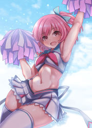Rule 34 | 1girl, :d, absurdres, aqua bow, aqua sailor collar, arm up, armpits, assault lily, bare shoulders, blue sky, bow, breasts, cheerleader, cloud, commentary request, cowboy shot, crop top, day, hair bow, hand up, highres, hitotsuyanagi riri, holding, holding pom poms, light particles, looking at viewer, medium breasts, midriff, miniskirt, navel, neckerchief, official alternate costume, one side up, open mouth, outdoors, outstretched arm, pink eyes, pink hair, pink neckerchief, pleated skirt, pom pom (cheerleading), pom poms, sailor collar, shirt, short hair, skirt, sky, sleeveless, sleeveless shirt, smile, solo, standing, stomach, sweat, thighhighs, white shirt, white skirt, white thighhighs, wide hips, yunodon (sugar maple), zettai ryouiki