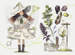 Rule 34 | 1girl, animal, bag, black footwear, boots, bottle, bow, bowtie, box, brown hair, bug, butterfly, closed mouth, cross-laced footwear, crystal, dress, erlenmeyer flask, flask, food, fruit, glass, glass stirring rod, gradient hat, grass, green bow, green bowtie, green eyes, green headwear, grey background, hair flaps, herb, holding, insect, lace-up boots, long hair, long sleeves, looking at viewer, messenger bag, mortar (bowl), original, pestle, pinafore dress, plant, pleated dress, pointy ears, potion, puffy long sleeves, puffy sleeves, round-bottom flask, satchel, shirt, shoulder bag, sidelocks, sleeveless, sleeveless dress, smile, solo, stirring rod, striped background, white background, white butterfly, white dress, white headwear, white shirt, yoshioka (haco)