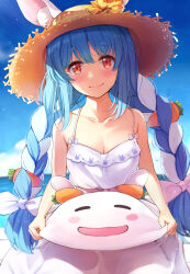 Rule 34 | 1girl, absurdres, animal ears, bare arms, bare shoulders, blue hair, blue sky, blush, bow, braid, breasts, brown hat, carrot hair ornament, cleavage, closed mouth, day, dress, ears through headwear, food-themed hair ornament, hair bow, hair ornament, hat, highres, hololive, long hair, looking at viewer, medium breasts, nira (vira), pekomon (usada pekora), rabbit ears, red eyes, short eyebrows, sky, sleeveless, sleeveless dress, smile, solo, spaghetti strap, straw hat, sun hat, sundress, thick eyebrows, twin braids, twintails, usada pekora, very long hair, virtual youtuber, white bow, white dress, white hair