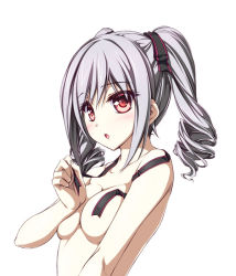 Rule 34 | 10s, 1girl, blush, breasts, censored, convenient censoring, drill hair, grey hair, hair ribbon, idolmaster, idolmaster cinderella girls, kanzaki ranko, long hair, nude, open mouth, red eyes, ribbon, solo, tenmaso, twin drills, twintails