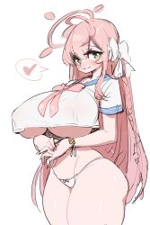 Rule 34 | 1girl, absurdres, ahoge, blue archive, blush, bow, breasts, commentary, cowboy shot, curvy, green eyes, groin, hair bow, halo, hanako (blue archive), heart, highres, huge breasts, long hair, looking at viewer, neckerchief, panties, parted lips, pink hair, pink neckerchief, school uniform, serafuku, simple background, smile, solo, spoken heart, standing, underwear, white background, white bow, white panties, white serafuku, yabby