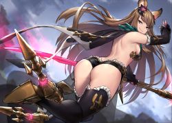 Rule 34 | 1girl, absurdres, animal ears, arm up, armored boots, ass, back, backless outfit, bare shoulders, black gloves, black thighhighs, boots, brown hair, cape, commission, elbow gloves, erune, fingerless gloves, frills, gloves, granblue fantasy, grey eyes, hair ornament, highres, holding, long hair, looking at viewer, looking back, metera (granblue fantasy), mole, mole under mouth, neonbeat, revealing clothes, solo, sword, thighhighs, thighs, very long hair, weapon