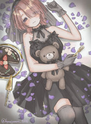 1girl 92-ban arimura_mao black_dress blush cake dress feet_out_of_frame food gakuen_idolmaster gloves grey_gloves grey_thighhighs hair_over_one_eye highres idolmaster light_smile looking_at_viewer lying on_back petals pink_hair purple_eyes sleeveless sleeveless_dress solo stuffed_animal stuffed_toy teddy_bear thighhighs twitter_username veil