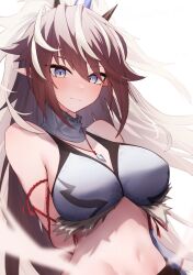 Rule 34 | 1girl, absurdres, arknights, arms behind back, bare shoulders, bikini, blue eyes, blush, breasts, brown hair, cleavage, closed mouth, detached collar, fur-trimmed bikini, fur trim, highres, horns, jewelry, kirin r yato (arknights), large breasts, looking at viewer, mole, mole under eye, multicolored hair, navel, necklace, pointy ears, simple background, solo, streaked hair, swimsuit, two-tone hair, upper body, white background, white bikini, white hair, worimehl, yato (arknights)