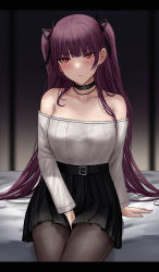 Rule 34 | 1girl, bare shoulders, between legs, black choker, black pantyhose, black ribbon, black skirt, blush, breasts, chinese commentary, choker, closed mouth, collarbone, commentary request, girls&#039; frontline, grey shirt, hair ornament, hair ribbon, hand between legs, highres, large breasts, long hair, long sleeves, looking at viewer, off shoulder, pantyhose, purple hair, red eyes, ribbon, selcky, shirt, shirt tucked in, sitting, skirt, solo, wa2000 (girls&#039; frontline)