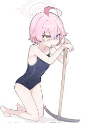 Rule 34 | abydos high school swimsuit, ahoge, barefoot, blue archive, blue eyes, commentary request, halo, heterochromia, highres, hoshino (blue archive), hoshino (young) (blue archive), kneeling, one-piece swimsuit, pearlgang e, pink hair, short hair, simple background, swimsuit, thighs, toes, white background, white halo, yellow eyes