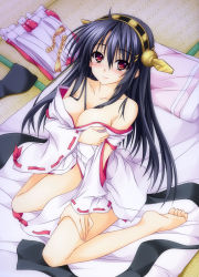 Rule 34 | 10s, 1girl, aoi hiro, bare shoulders, barefoot, black hair, blush, breasts, cleavage, detached sleeves, from above, futon, hairband, haruna (kancolle), headgear, japanese clothes, kantai collection, large breasts, long hair, personification, pillow, red eyes, ribbon-trimmed sleeves, ribbon trim, sitting, smile, soles, solo, wariza