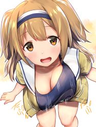 Rule 34 | 10s, 1girl, absurdres, baffu, blush, bouncing breasts, breasts, brown eyes, hairband, highres, i-26 (kancolle), kantai collection, large breasts, light brown hair, long hair, looking up, motion lines, one-piece swimsuit, open mouth, school swimsuit, smile, solo, swimsuit, swimsuit under clothes, two-tone hairband, two side up