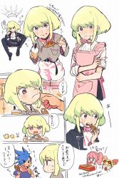 Rule 34 | 2boys, 3girls, aina ardebit, apron, ascot, bad id, bad twitter id, belt, black gloves, black jacket, blonde hair, blue hair, casual, choker, cone hair bun, corn dog, cup, earrings, eating, food, galo thymos, gloves, green hair, hair bun, highres, jacket, jewelry, lio fotia, looking up, lucia fex, mm y19, multiple boys, multiple girls, open mouth, pizza, promare, purple eyes, shirt, sleeves rolled up, smile, spiked hair, trap, wiping mouth