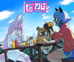 Rule 34 | 3girls, :q, animal ears, bear ears, blue hair, blue shorts, body fur, brand new animal, brown hair, cellphone, cloud, commentary, cup, dress, drinking glass, eating, fangs, food, fork, fox ears, fox girl, fox tail, furry, furry female, highres, hiwatashi nazuna, hoyon, jacket, jackie (bna), kagemori michiru, ketchup bottle, long hair, multiple girls, mustard bottle, open mouth, outdoors, phone, pink hair, plate, raccoon ears, raccoon girl, red eyes, red jacket, sandwich, short hair, short shorts, shorts, sitting, sky, smartphone, smile, stool, table, tail, thighs, tongue, tongue out, track jacket, translated, white dress