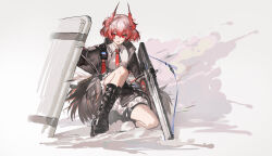 Rule 34 | 1girl, absurdres, arknights, black footwear, black jacket, black necktie, boots, collared shirt, commentary request, countryman (artist), facing viewer, fiammetta (arknights), gradient hair, gun, highres, holding, holding gun, holding shield, holding weapon, horns, jacket, knee up, looking to the side, multicolored hair, necktie, on one knee, open clothes, open jacket, red eyes, red hair, red necktie, shield, shirt, short hair, solo, two-tone hair, two-tone necktie, weapon, white hair, white shirt