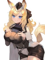 Rule 34 | 1girl, :d, animal ear fluff, animal ears, arknights, black hat, black ribbon, blonde hair, blue eyes, blush, breasts, cape, commentary request, cowboy shot, garrison cap, grey sweater, hair ribbon, hands on own breasts, haru torimaru, hat, highres, long hair, looking at viewer, medium breasts, open mouth, ribbed sweater, ribbon, short eyebrows, simple background, smile, solo, standing, sweater, thighs, whislash (arknights), white background, white cape