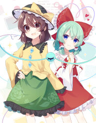 1girl absurdres ascot black_hat blue_eyes blush bow brown_hair buttons collared_shirt commentary_request cosplay costume_switch cowboy_shot detached_sleeves diamond_button frilled_ascot frilled_bow frilled_hair_tubes frilled_hat frilled_shirt_collar frilled_skirt frilled_sleeves frills green_hair green_skirt hair_between_eyes hair_bow hair_tubes hakurei_reimu hakurei_reimu_(cosplay) hand_on_own_hip hand_up hat hat_bow heart heart_of_string highres komeiji_koishi komeiji_koishi_(cosplay) kudamono25253 long_sleeves looking_at_viewer open_mouth puff_of_air red_bow red_shirt red_skirt ribbon-trimmed_sleeves ribbon_trim shirt short_hair sidelocks skirt skirt_set sleeveless sleeveless_shirt smile solo sweatdrop third_eye touhou watermark white_sleeves yellow_ascot yellow_bow yellow_shirt