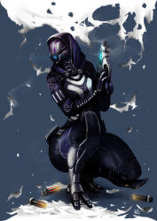 Rule 34 | 1girl, alien, amrrr, black bodysuit, body armor, bodysuit, commentary, full body, glowing, gun, handgun, hands up, helmet, holding, holding gun, holding weapon, hood, looking away, looking to the side, mass effect (series), science fiction, solo, squatting, tali&#039;zorah, thick thighs, thighs, weapon