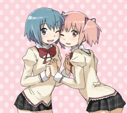 Rule 34 | 10s, 2girls, bad id, bad pixiv id, blue eyes, blue hair, cheek-to-cheek, hair ribbon, heads together, kaname madoka, mahou shoujo madoka magica, mahou shoujo madoka magica (anime), miki sayaka, multiple girls, one eye closed, pink eyes, pink hair, ribbon, school uniform, short hair, short twintails, smile, twintails, wink, yoplait, yuri