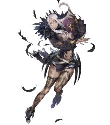 Rule 34 | 1girl, aversa (fire emblem), black footwear, black nails, black thighhighs, book, breasts, cleavage, dark-skinned female, dark skin, feathers, female focus, fingernails, fire emblem, fire emblem awakening, fire emblem heroes, full body, highres, holding, holding book, large breasts, long fingernails, long hair, nail polish, navel, nintendo, official art, one eye closed, parted bangs, silver hair, solo, sweat, thighhighs, torn clothes, torn thighhighs, transparent background, wince