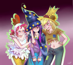 Rule 34 | 3girls, applejack, author-chan, bell, bird, blonde hair, blue eyes, cape, chicken, chicken costume, costume, crescent, csiguli, dress, fringe trim, frown, green eyes, halloween, hand on own hip, hat, hip focus, long hair, multicolored hair, multiple girls, my little pony, my little pony: friendship is magic, navel, personification, pink hair, pinkie pie, purple eyes, purple hair, scarecrow, smile, star (symbol), streaked hair, twilight sparkle, wizard hat