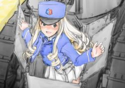 Rule 34 | 1girl, bc freedom (emblem), bc freedom military uniform, blue jacket, blue vest, blush, cananocouf, drill hair, emblem, ft-17, girls und panzer, green eyes, hat, highres, jacket, long hair, looking to the side, marie (girls und panzer), military, military vehicle, motor vehicle, open mouth, pleated skirt, shako cap, skirt, smile, solo, tank, thighs, vest, white skirt