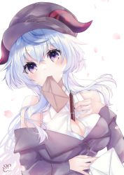 Rule 34 | 1girl, between breasts, blue hair, blush, breasts, cleavage, dodosako, ganyu (genshin impact), genshin impact, hat, highres, horns, letter, long hair, looking at viewer, medium breasts, mouth hold, off shoulder, partially unbuttoned, pen, petals, purple eyes, school uniform, sidelocks, signature, solo, upper body