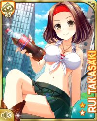 Rule 34 | 1girl, boots, bottle, brown eyes, brown hair, card, character name, city, closed mouth, day, fingerless gloves, girlfriend (kari), gloves, green skirt, holding, looking at viewer, midriff, official art, outdoors, qp:flapper, shirt, sitting, skirt, smile, soda, tagme, takasaki rui, tied shirt, white shirt