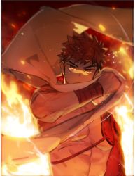 Rule 34 | 1boy, abs, bare pectorals, cape, embers, fate/grand order, fate (series), fire, gondom, highres, igote, japanese clothes, large pectorals, looking at viewer, male focus, muscular, muscular male, orange hair, pectorals, red hair, senji muramasa (fate), short hair, solo, upper body, white cape, wind, wind lift, yellow eyes